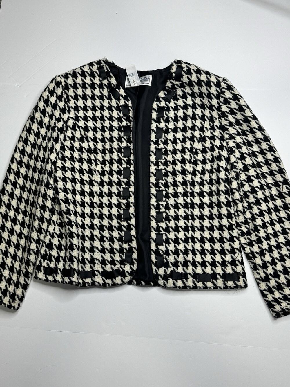Jessica Howard Petite 12P Houndstooth Tweed Open Front Blazer Jacket Black